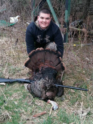 14 year old Trent Pollock killed his first turkey with mentor Abbey Wade in Fort Ann during the 2016 Youth Turkey Hunt
